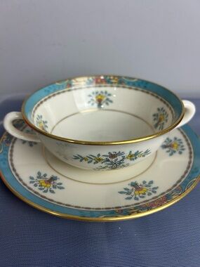 Lenox Blue Tree Cream Soup 2" Tall & Saucer 7" Floral Design Gold Trim